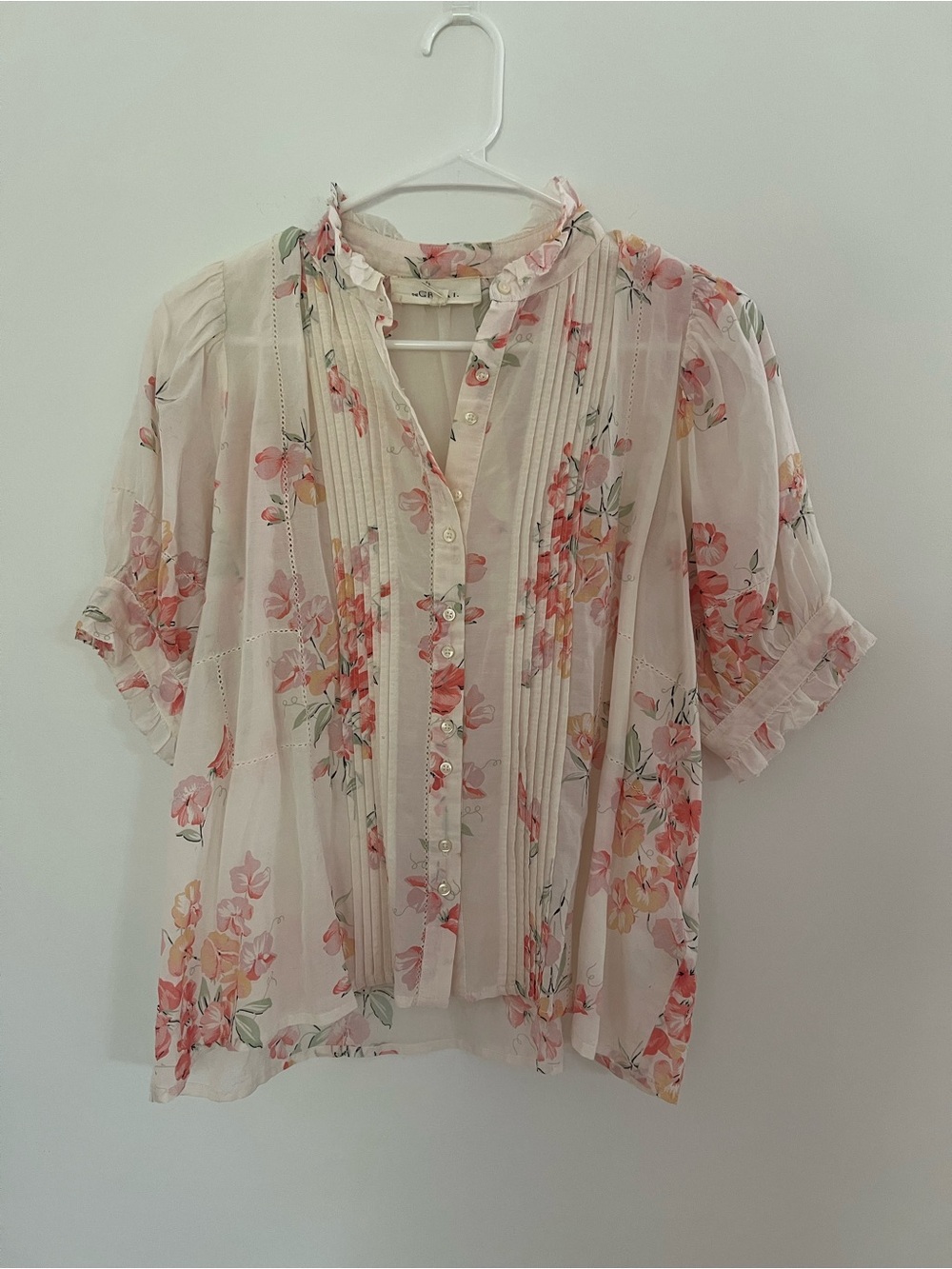 THE GREAT. Floral Pintuck Ruffle Button-Up Blouse - Blush Multi